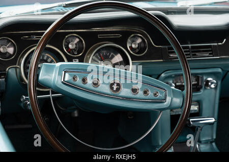 BOSSCHENHOOFD/NETHERLANDS-JUNE 11, 2018: interior and dash board of a classic ford mustang at a classic car meeting Stock Photo