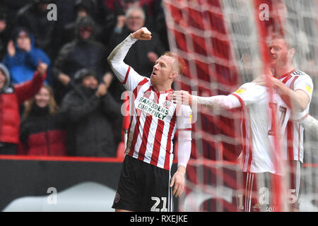 Sheffield United's Mark Duffy celebrates scoring his side's second goal of the game during the Sky Bet Championship match at Bramall Lane, Sheffield. Stock Photo