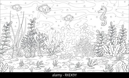 Coloring book underwater landscape. Hand draw vector illustration with separate layers. Stock Vector