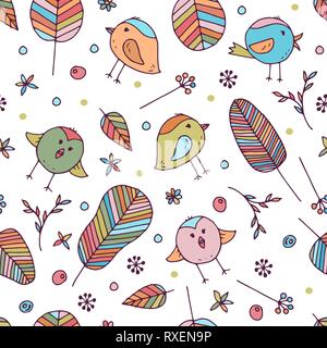 Cute and colorful vector seamless background for kids room, fabric, textile. Beautiful floral elements, leaves, flowers and funny birds. Stock Vector
