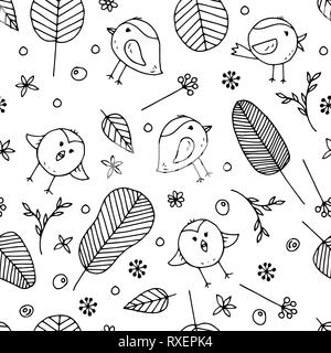 Cute vector seamless colorless background for kids room, fabric, textile. Beautiful floral doodle elements, leaves, flowers and funny birds on white. Stock Vector