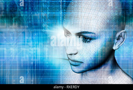 female humanoid head as concept for Artificial Intelligence, future generations of humans and digitally created personas