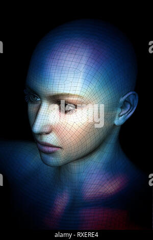 female humanoid head as concept for Artificial Intelligence and future generations of humans and digitally created personas