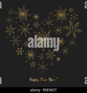 Happy New Year vector gift card. Beautiful shining heart shape made of gold snowflakes isolated on black background. Winter creative template. Stock Vector