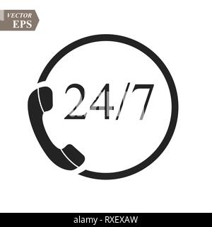 24 hour support call center icon. Steady available services. Twenty four hour everyday. Can use for service advertising. 24 7 icon. open 24 hours a da Stock Vector