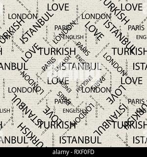Seamless pattern made of handwritten text. English London Paris Turkish words and lettern written by hand in black and white colors. eps10 Stock Vector