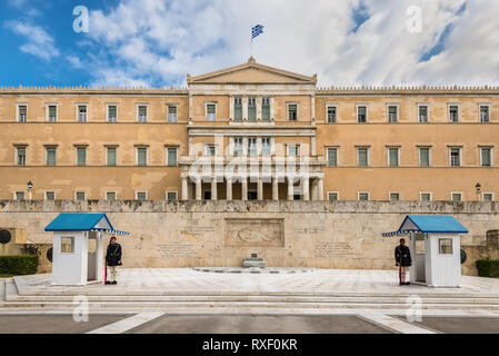 Athens, Greece - November 1, 2017: The Greek parliament and the unknown soldier tomb with guards at Athens, Greece, Europe. Stock Photo