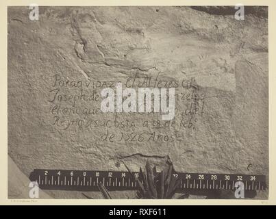 Historic Spanish Record of the Conquest, South Side of Inscription Rock, N.M. Timothy O'Sullivan; American, born Ireland, 1840-1882. Date: 1873. Dimensions: 20.3 x 27.4 cm (image/paper); 40.7 x 50.7 cm (mount). Albumen print, from the album 'Geographical & Geological Explorations & Surveys West of the 100th Meridian,' vol. 1. Origin: United States. Museum: The Chicago Art Institute. Stock Photo