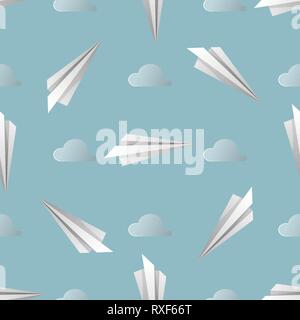 Vector Blue Seamless Background. Pattern of Paper Origami Planes on Sky Blue Background. 10 eps Stock Vector