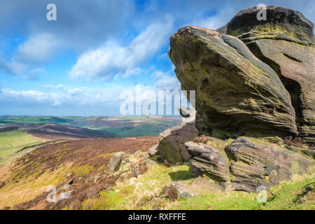 Gritstone outcrop on the Roaches ridge, Peak District National Park, UK Stock Photo