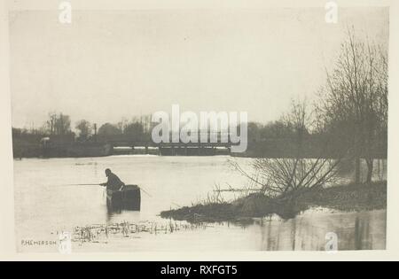 Field's Weir, Near Rye House. Peter Henry Emerson; English, born Cuba, 1856-1936. Date: 1888. Dimensions: 13.1 × 20.1 cm (image); 15.2 × 22 cm (paper); 25.1 × 32 cm (album page). Photogravure, plate XVII from the album 'The Compleat Angler or the Contemplative Man's Recreation, Volume I' (1888), edition 109/250. Origin: England. Museum: The Chicago Art Institute. Stock Photo