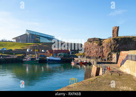 A view of Dunbar harbour with Dunbar Castle and Dunbar swimming pool in the background. Dunbar, East Lothian, Scotland Stock Photo