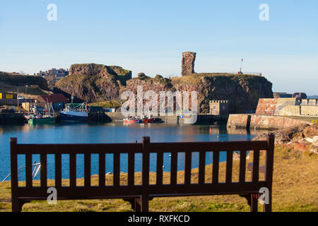 Dunbar harbour and Dunbar Castle with park bench in the foreground. background. Dunbar, East Lothian, Scotland Stock Photo