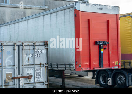 Trelleborg, sweden, 25.12.2018: cargo container and truck trailer parked Stock Photo
