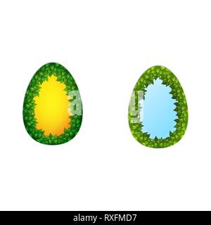 Abstract Easter egg silhouettes with green leaves inside isolated on white background Stock Vector