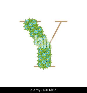 Letter Y wooden texture with green leaves and flowers Stock Vector