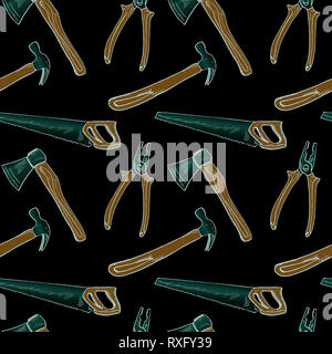 Handsaw, hammer, pliers and axe, seamless pattern design, hand drawn doodle, sketch in pop art style, color illustration, black background Stock Photo