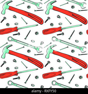 Hammer, screwdriver, wrench with bolt, nut, washer, nail and screw, seamless pattern design, hand drawn doodle, sketch in pop art style Stock Photo
