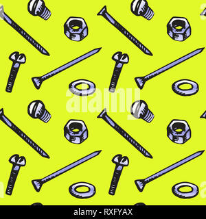 Bolt, nut, washer, nail and screw, seamless pattern design, hand drawn doodle, sketch in pop art style, color illustration, yellow background Stock Photo