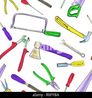 Handsaw, coping saw, chisel, bradawl, hammer, file, screwdriver, wrench, pliers and axe, seamless pattern design, hand drawn doodle, sketch in pop art Stock Photo