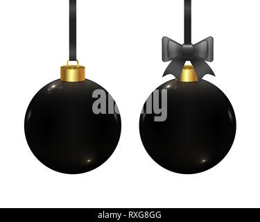 Black vector realistic Christmas balls isolated on white background. Set of 2 beautiful Xmas toys. New year balls with bow ribbon. Stock Vector