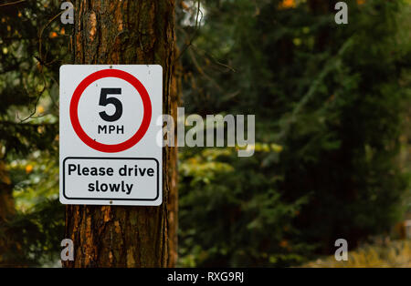 Red and White 5 MPH Please drive slowly sign Stock Photo