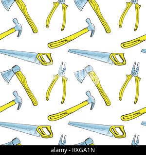 Handsaw, hammer, pliers and axe, seamless pattern design, hand drawn doodle, sketch in pop art style, color illustration, white background Stock Photo
