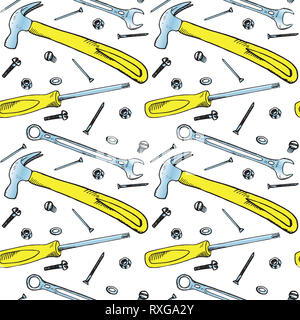 Hammer, screwdriver, wrench with bolt, nut, washer, nail and screw, seamless pattern design, hand drawn doodle, sketch in pop art style Stock Photo