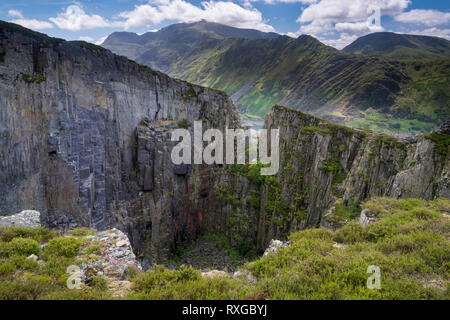 Mount Snowdon and the Llanberis Pass from Dinorwic Slate Quarry, Snowdonia National Park, North Wales, UK Stock Photo