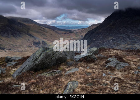 The Nant Ffrancon Valley from Y Gribin, Snowdonia National Park, North Wales, UK Stock Photo