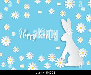 Creative illustration paper cut happy Easter background with rabbit and flower on blue background. Digital craft and paper art for poster, banner, pos Stock Vector
