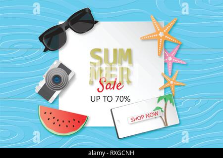 Creative illustration summer sale banner with sun glasses, camera, smartphone display, star fish and water melon on blue wood background paper cut sty Stock Vector