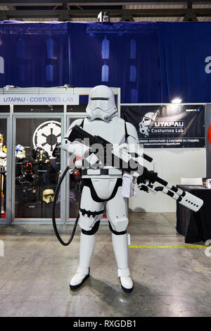 Milan, Italy - March 8 2019 Cartoomics Comic Con Cosplay of a Storm Tropper from Star Wars movie Stock Photo