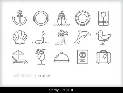 Set of 15 cruise line icons of vacation travel items Stock Vector