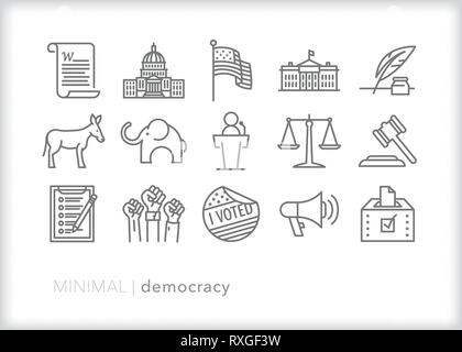 Set of 15 democracy line icons showing common themes in a two-party political democracy such as the United States Stock Vector