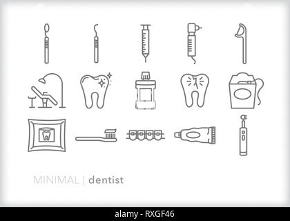 Set of 15 dentist line icons of tools for an annual cleaning Stock Vector