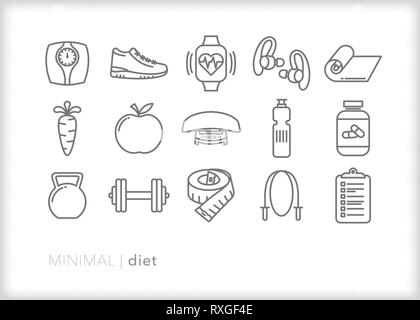 Set of 15 diet line icons for healthy eating, working out, stretching, being active, fitness and losing weight Stock Vector