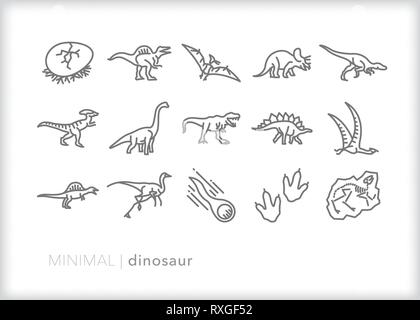 Set of 15 dinosaur line icons of reptile animals from the Jurassic Period Stock Vector
