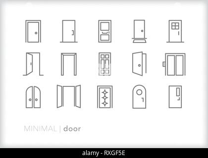 Set of 15 architecture and house door line icons Stock Vector