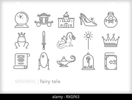 Set of 15 fairy tale line icons relating to stories of magic, castles, princes and princesses Stock Vector