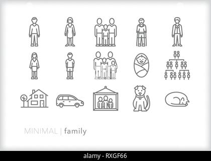 Set of 15 family line icons of people, pets and house Stock Vector