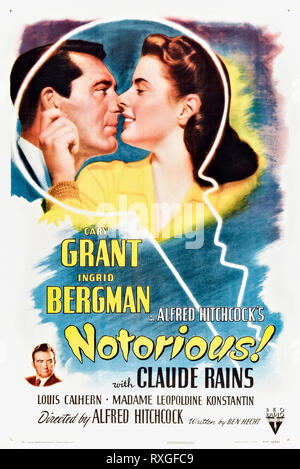 Notorious (1946) directed by Alfred Hitchcock and staring Cary Grant, Ingrid Bergman and Claude Rains. A US government agent recruits a female spy and falls in love. Stock Photo