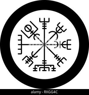 Vegvisir runic compass galdrastav Navigation compass symbol icon black color vector in circle round illustration flat style simple image Stock Vector