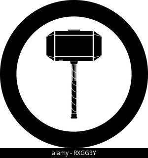 Thor's hammer Mjolnir icon black color vector in circle round illustration flat style simple image Stock Vector