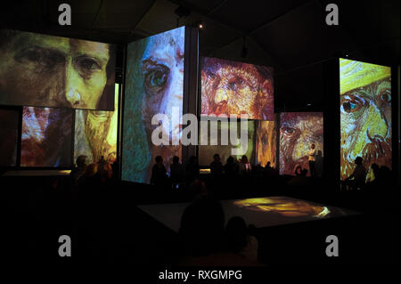 Malaga, Spain. . 9th Mar, 2019. Visitors seen contemplating at images during the opening of the exhibition.Van Gogh Alive is a multimedia experience that's more visited in the world, it troughs a sensorial ambient and large audiovisual structures that show the images of the famous paints of the artist, Vincent Van Gogh. Credit: Jesus Merida/SOPA Images/ZUMA Wire/Alamy Live News Stock Photo