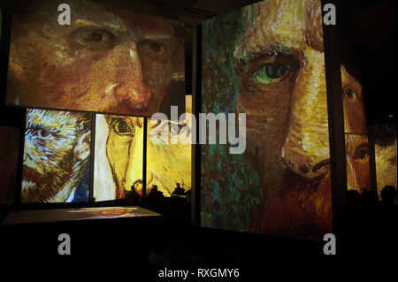 Malaga, Spain. . 9th Mar, 2019. Images of the artist seen during the opening of the exhibition.Van Gogh Alive is a multimedia experience that's more visited in the world, it troughs a sensorial ambient and large audiovisual structures that show the images of the famous paints of the artist, Vincent Van Gogh. Credit: Jesus Merida/SOPA Images/ZUMA Wire/Alamy Live News Stock Photo