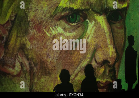 Malaga, Spain. . 9th Mar, 2019. Silhouettes of visitors seen contemplating at images during the opening of the exhibition.Van Gogh Alive is a multimedia experience that's more visited in the world, it troughs a sensorial ambient and large audiovisual structures that show the images of the famous paints of the artist, Vincent Van Gogh. Credit: Jesus Merida/SOPA Images/ZUMA Wire/Alamy Live News Stock Photo