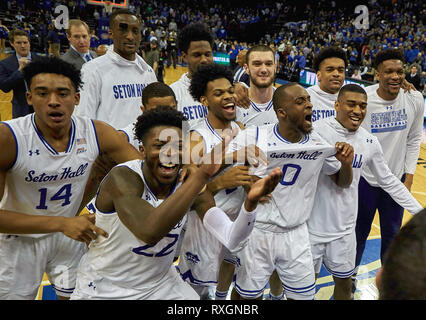 Newark, New Jersey, USA. 9th Mar, 2019. The Seton Hall Pirates celebrate after upseting the Villanova Wildcats 79-75 at the Prudential Center in Newark, New Jersey. Duncan Williams/CSM/Alamy Live News Stock Photo