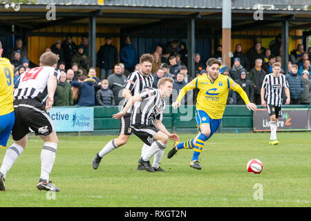 Cheshire, UK. 9th March 2019.  Warrington Town Football Club relinquish their lead in the Evo-Stik Northern Premier League Premier Division when they hosted lowly Stafford Rangers FC at the Winner Recruitment Stadium (also known as Cantilever Park) in Warrington, Cheshire, England, UK. Stafford won the match by two goals to three Credit: John Hopkins/Alamy Live News Stock Photo