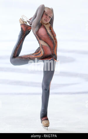 Zagreb, Croatia. 9th Mar, 2019. Alexandra Trusova of Russia competes during the junior ladies free skating competition of International Skating Union World Junior Figure Skating Championships in Zagreb, Croatia, on March 9, 2019. Credit: Luka Stanzl/Xinhua/Alamy Live News Stock Photo